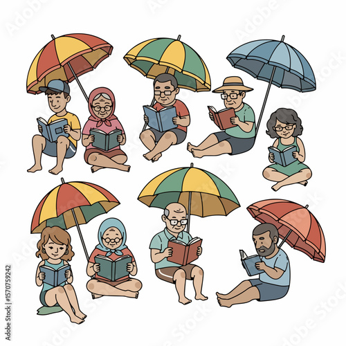 elderly people reading books under umbrellas outdoors