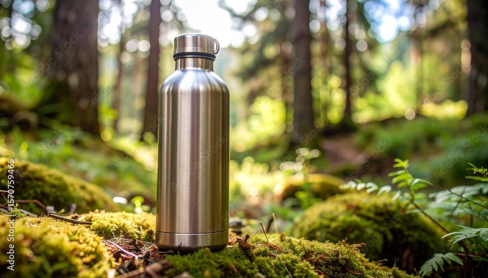 Stainless Steel Water Bottle in Forest Hike Scene Stainless Steel Water Bottle in Forest Hike Scene