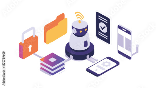 Isometric view of a robot connected to various devices and security elements in a digital network