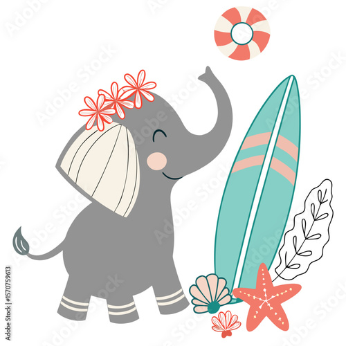 Photography Vector illustration of a Funny Baby elephants with with a flower crown, styled i