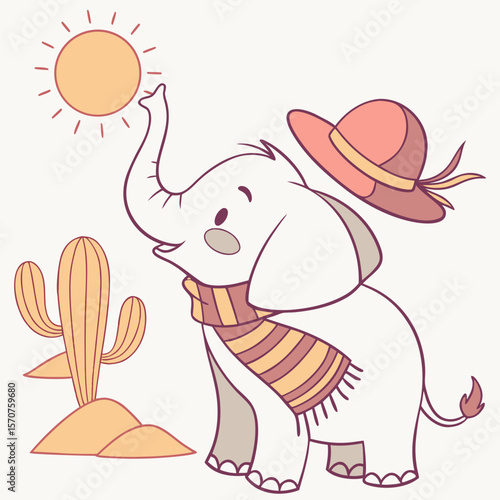 A Sleepy Baby elephants with with a scarf in a Desert sunset theme – Sundown Glow palette SVG illustration
