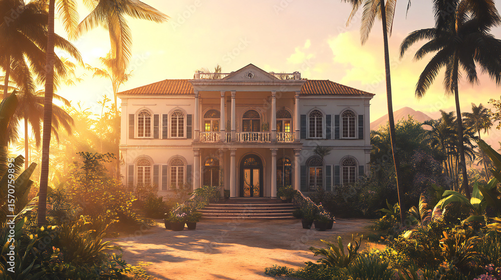 Luxury Mansion Amidst Tropical Paradise at Sunset, Estate View Luxury Mansion Amidst Tropical Paradise at Sunset, Estate View