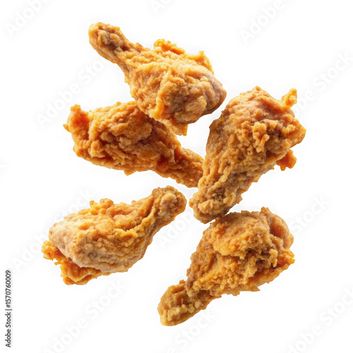 Five pieces of golden brown crispy fried chicken drumsticks and wings scattered in mid air isolated on transparent background