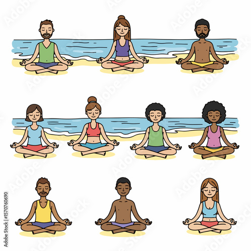 People meditating on beach, yoga poses, relaxation, wellness