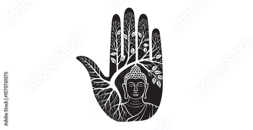 Buddha face and tree branches inside a hand silhouette
