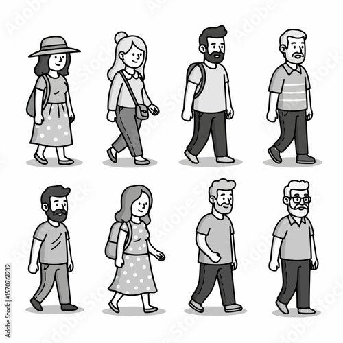 People walking diverse group characters black and white