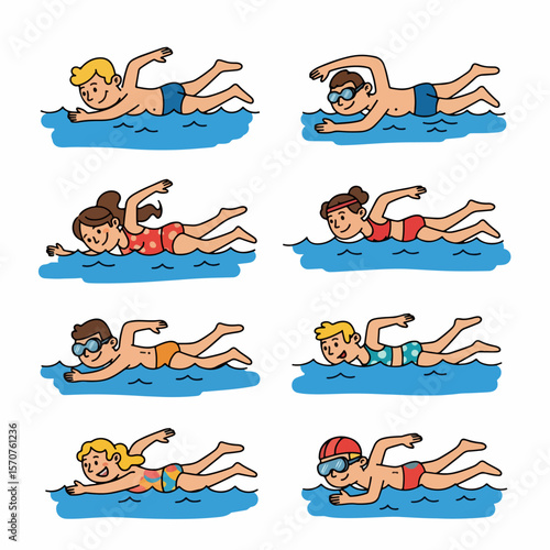 People swimming freestyle in water, various ages and genders