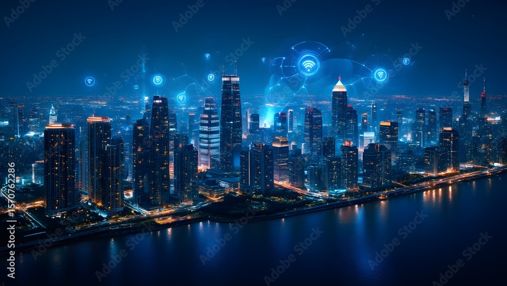 Fototapeta premium city skyline, urban landscape, futuristic cityscape, glowing skyscrapers, night scene,