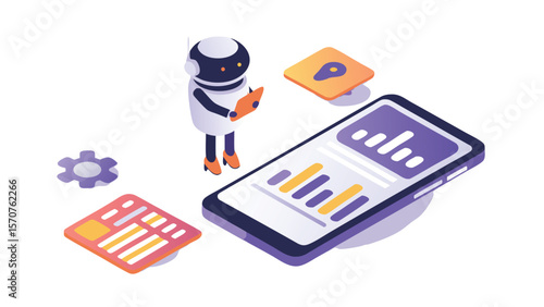 Isometric robot analyzing data on a smartphone with charts and interface elements displayed nearby