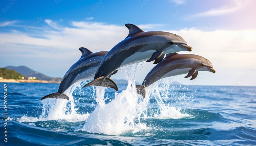 Fototapeta premium Dolphins Jumping in Blue Ocean