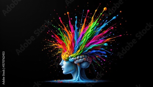 creative eruption concept: a burst of color and creativity explodes from the brain, pouring onto a black background in a cascade of paint splashes, the subject, an artists brain