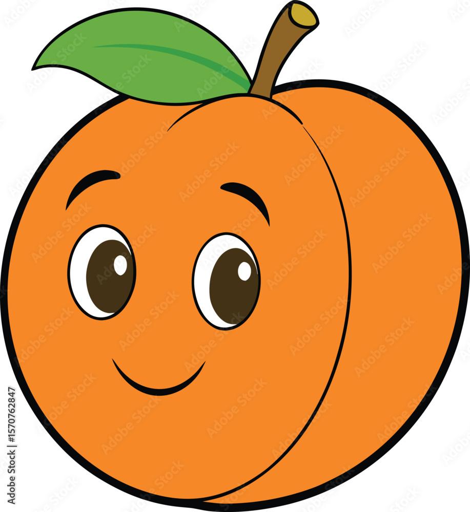 Cute cartoon apricot with a happy face and a green leaf on a white background Cute cartoon apricot with a happy face and a green leaf on a white background