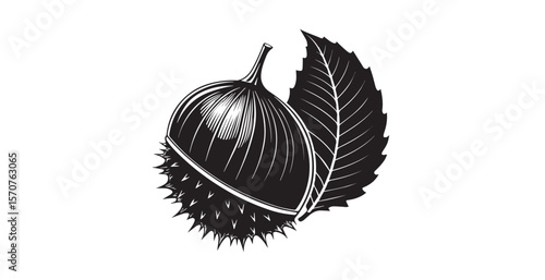 Stylized chestnut with leaf in black and white silhouette
