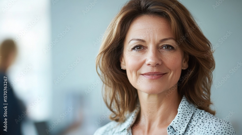 A confident middle-aged woman with long brown hair stands in an office space, exuding positivity and professionalism. Her approachable smile reflects a relaxed demeanor, suggesting a harmonious work A confident middle-aged woman with long brown hair stands in an office space, exuding positivity and professionalism. Her approachable smile reflects a relaxed demeanor, suggesting a harmonious work