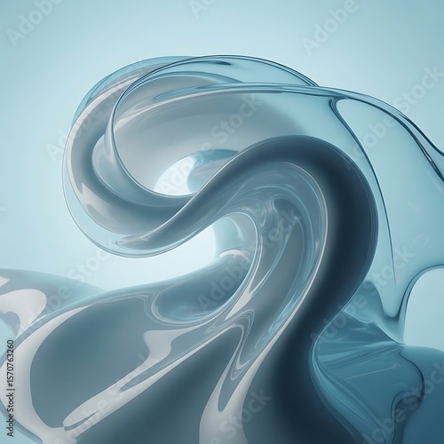 Abstract Glass Sculpture with Swirling Shapes and Fluidity A Captivating Display of Modern Artistry and Elegant Design in Light Blue Tones Presenting a Stunning Visual Composition