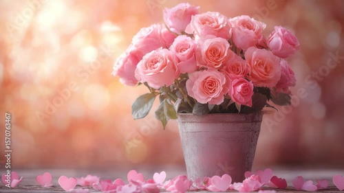 Pink rose flower bouquet in rustic metal pot with heart shaped confetti on wooden table, warm bokeh background creating romantic and soft atmosphere, charming floral decoration
