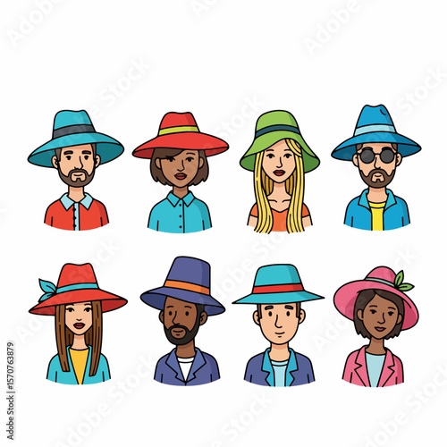 Diverse people wearing hats, colorful portraits, character set
