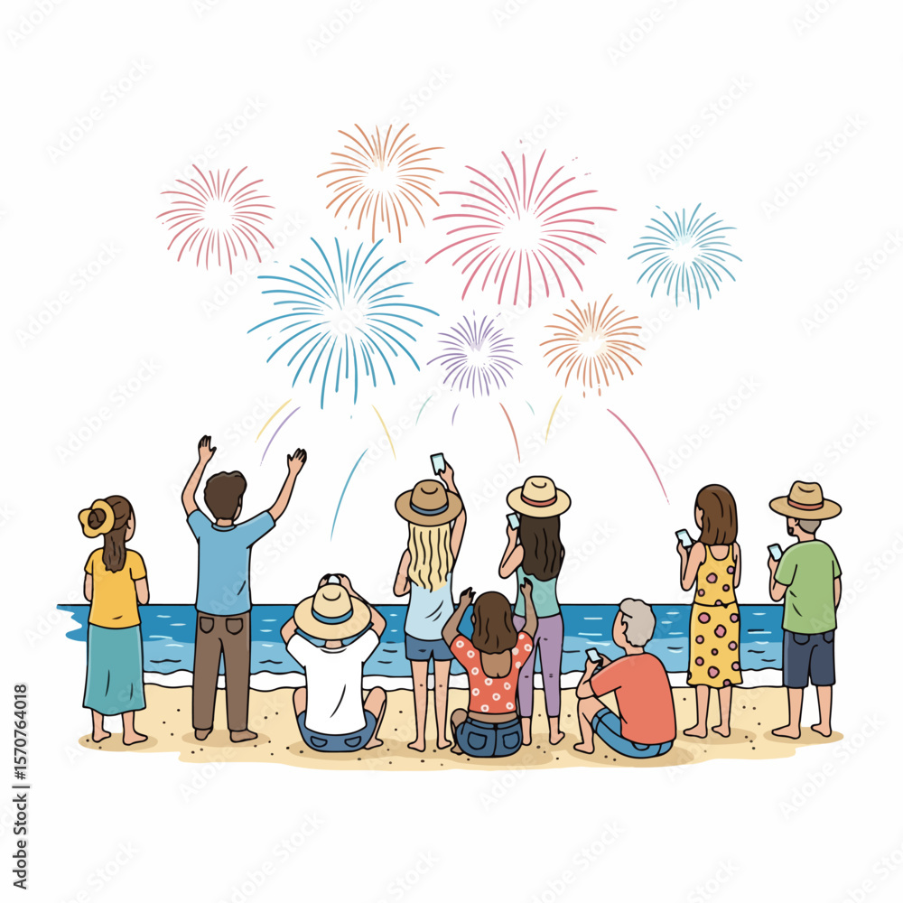 Fototapeta premium Fireworks celebration on beach with people enjoying the show