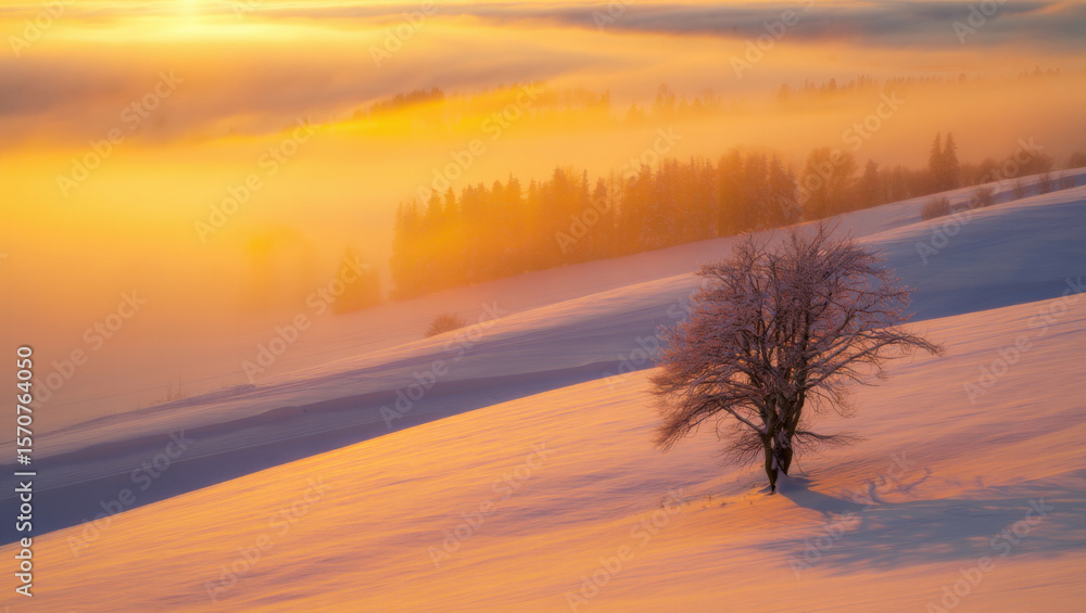Winter Landscape with a Lone Tree on a Snow-Covered Hillside Bathed in Golden Light, Evoking a Sense of Peace and Solitude in the Quiet Beauty of the Season Winter Landscape with a Lone Tree on a Snow-Covered Hillside Bathed in Golden Light, Evoking a Sense of Peace and Solitude in the Quiet Beauty of the Season