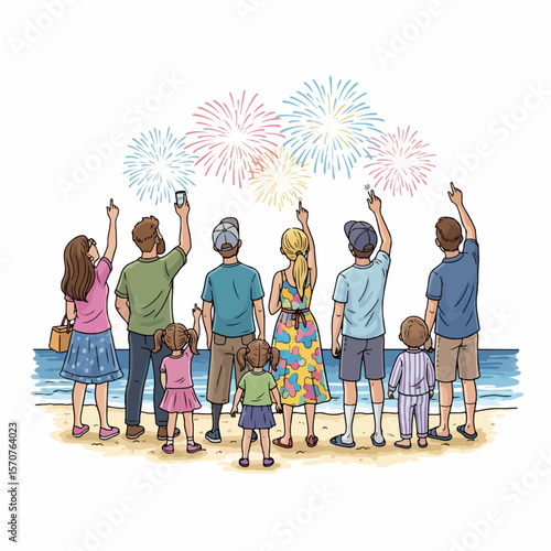 Fireworks celebration on beach with family and friends