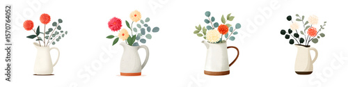 Wallpaper Mural Watercolor Floral Arrangements in Cream Pitchers Isolated on White Torontodigital.ca