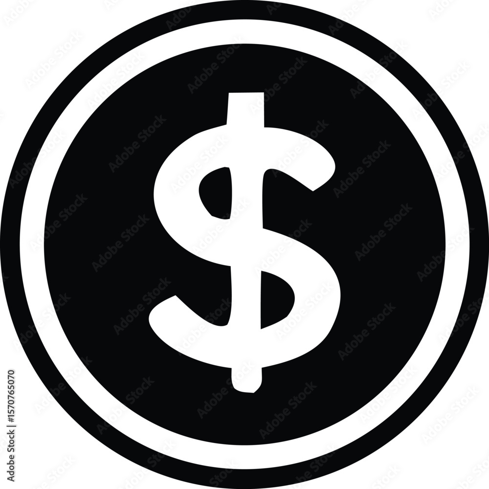 A bold black and white graphic icon featuring a prominent white dollar sign centered within a circular border symbolizing finance and currency A bold black and white graphic icon featuring a prominent white dollar sign centered within a circular border symbolizing finance and currency