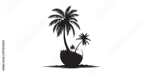 Tropical island with palm trees and ocean sunset silhouette