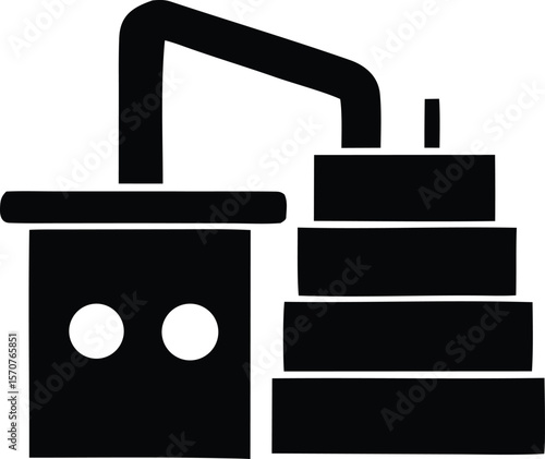 Stylized black and white illustration of a distillation apparatus with a round flask and stacked components symbolizing a process or system