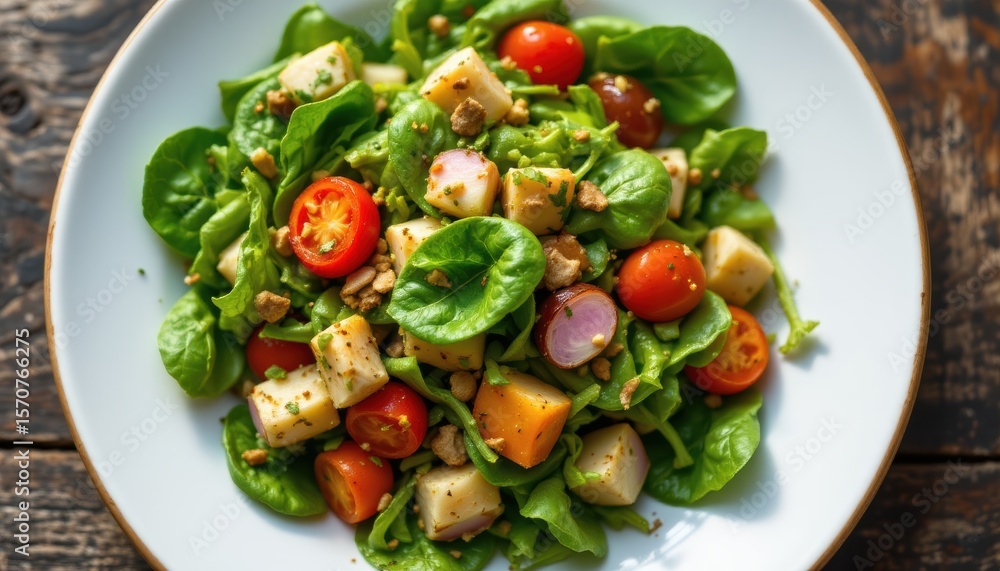 create an image of a healthy spinach and vegetable salad under clear daylight create an image of a healthy spinach and vegetable salad under clear daylight