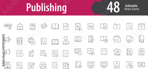 Publishing Line Icons, Book Release, Print Press, Article, Manuscript, Publishing Platform, Editable Formats: AI, EPS, PNG, JPG, Ideal for Both Digital and Print Use
