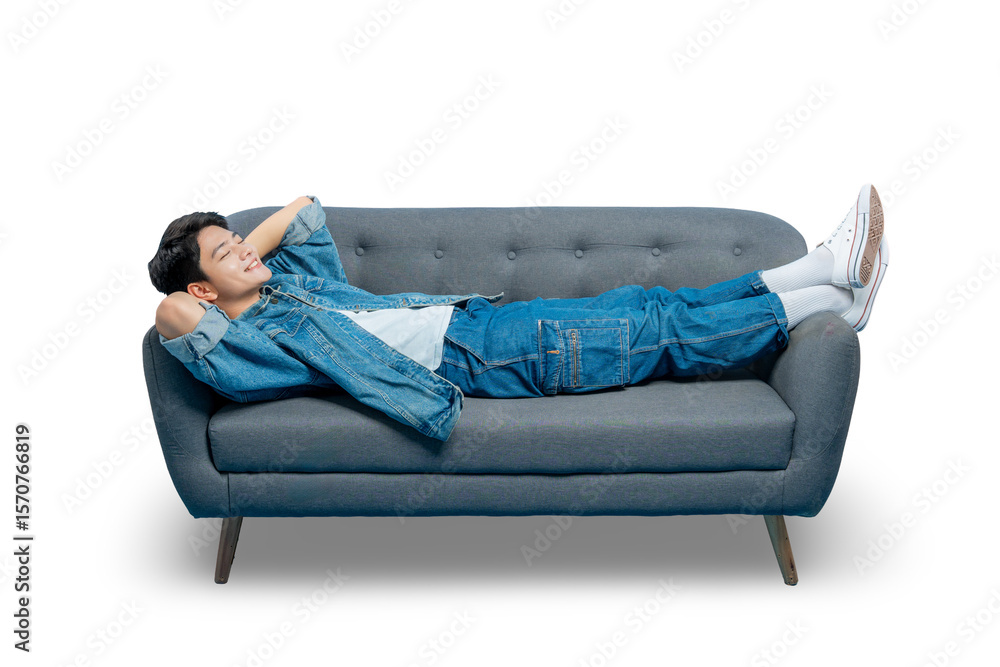 Obraz premium Asian man relaxes completely, lying down on a sofa with his hands behind his head and a peaceful smile , PNG