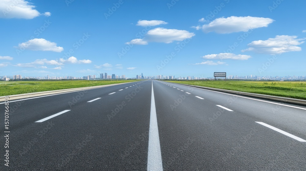 Naklejka premium Empty highway leading to city skyline under a vibrant blue sky
