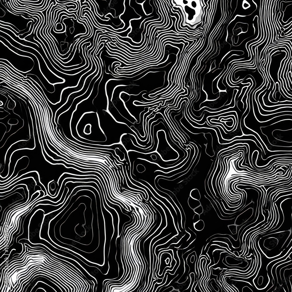 Obraz premium Abstract monochrome artwork featuring swirling, flowing lines resembling topographic contours on a dark background. The lines vary in thickness and create a sense of depth and movement