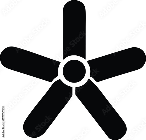 Stylized black silhouette of a five bladed ceiling fan with rounded tips on a white background