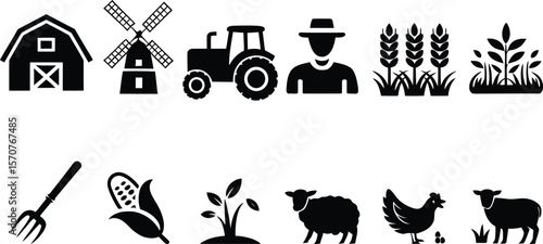 Black Silhouette Farming Icons – Barn, Tractor, Farmer, Crops, Animals and Tools
