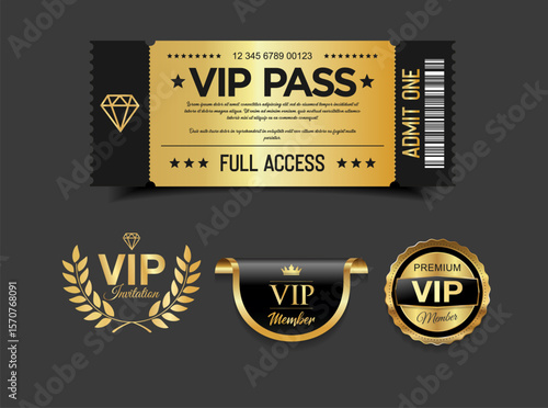 VIP Pass Ticket  Luxury Black and Gold Cinema Style Invitation or Event Access Badge