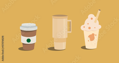 Various Coffee Drinks: Cafe Menu Assortment. This graphic showcases a takeaway cup, a reusable mug, and a frappe with whipped cream, ideal for beverage themes