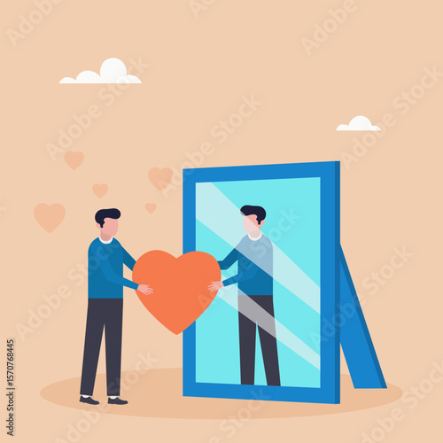 Body positive concept. A man looks at his reflection in the mirror, expressing love and care for himself. Love yourself. Love your body. I love me. Vector illustration.	