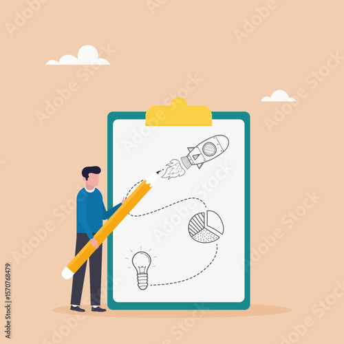Strategic planning concept. A man analyzes data statistics, creates a development plan, improves strategy. Vector illustration.	