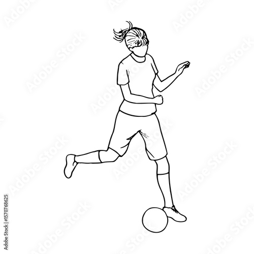 woman soccer player kicking ball - hand drawn sketch line art illustration