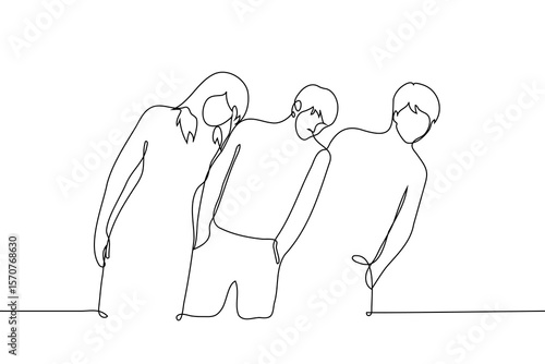 group of friends standing shoulder to shoulder together leaning to one side - one line art vector. concept friends having fun, thinking in the same direction, like-minded people