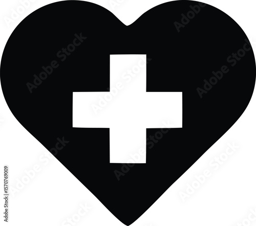 A stark black heart shape with a bold white plus sign centered within its form symbolizing health and care