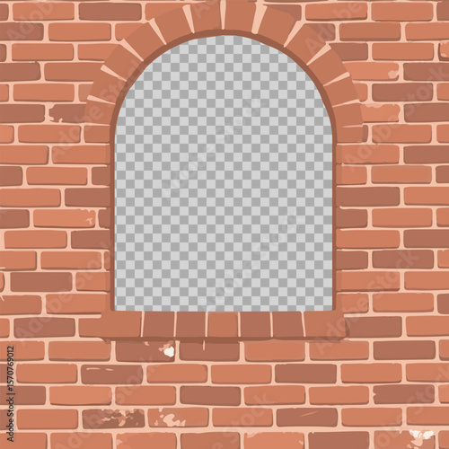 Brick wall window, transparent background, arched brick frame, vintage wall texture, architectural opening design