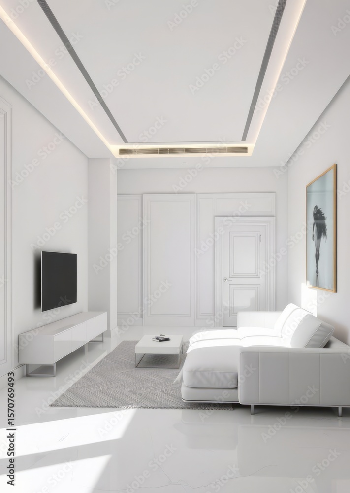 Fototapeta premium Modern interior of studio apartment in gray and white colors and tones white furniture and door expensive and luxury design Empty room interior design architecture blank design room striking st