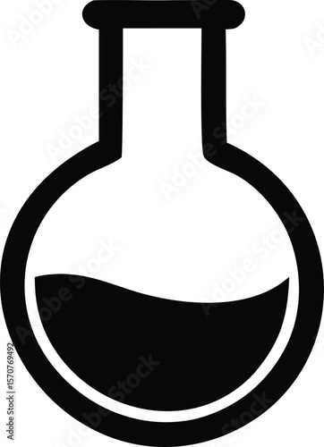 Simple black and white icon of a round bottomed laboratory flask containing a dark liquid symbolizing science and experimentation