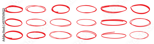 red pen hand drawn doodle marks red circle oval stroke set outline red drawing line clipart symbol
