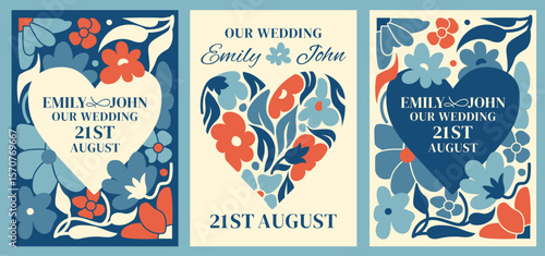 Contemporary wedding invitation templates with hand drawn bold floral designs, personalized details, and copy space for customization. Invitation cards for romantic and modern