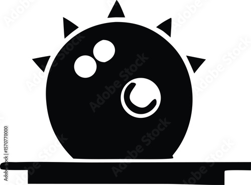 Stylized black silhouette of a bowling ball with triangular spikes and finger holes resting on a flat surface