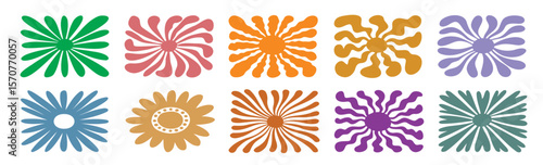retro groovy flower daisy naive icon doodle hand drawn set abstract wavy ray logo trendy 70s