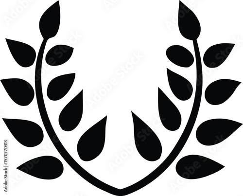 A stylized black silhouette of a laurel wreath or a symmetrical plant with curved stems and opposing oval leaves on a white background